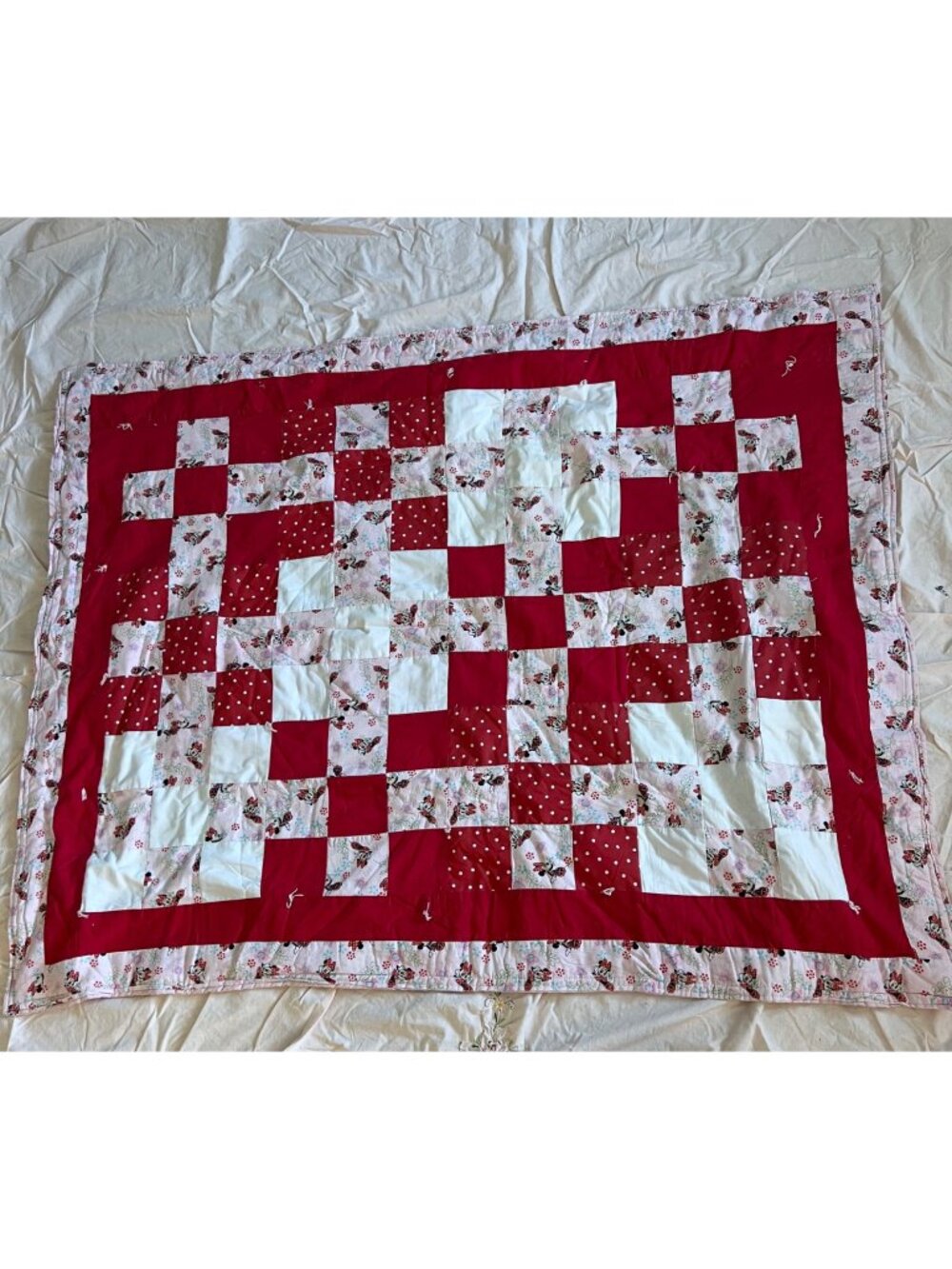 Handmade Minnie Mouse Quilt 46"x59" Red Pink Patchwork Polka Dots Floral Accents